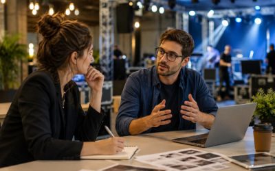 Coach professionnel accompagnant un entrepreneur débutant dans l'événementiel lors d'une séance de travail, avec préparation d'un événement en arrière-plan