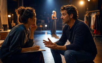 Coach artistique échangeant avec une comédienne lors d'une répétition sur scène, dans les coulisses d'un théâtre éclairé par des projecteurs.